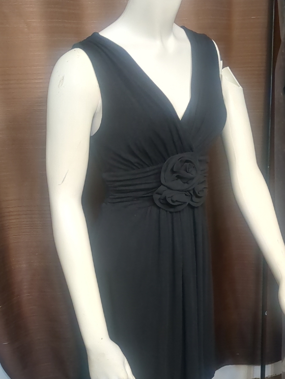 Forever 21 Black V-Neck Midi Dress with Rosette Waistband